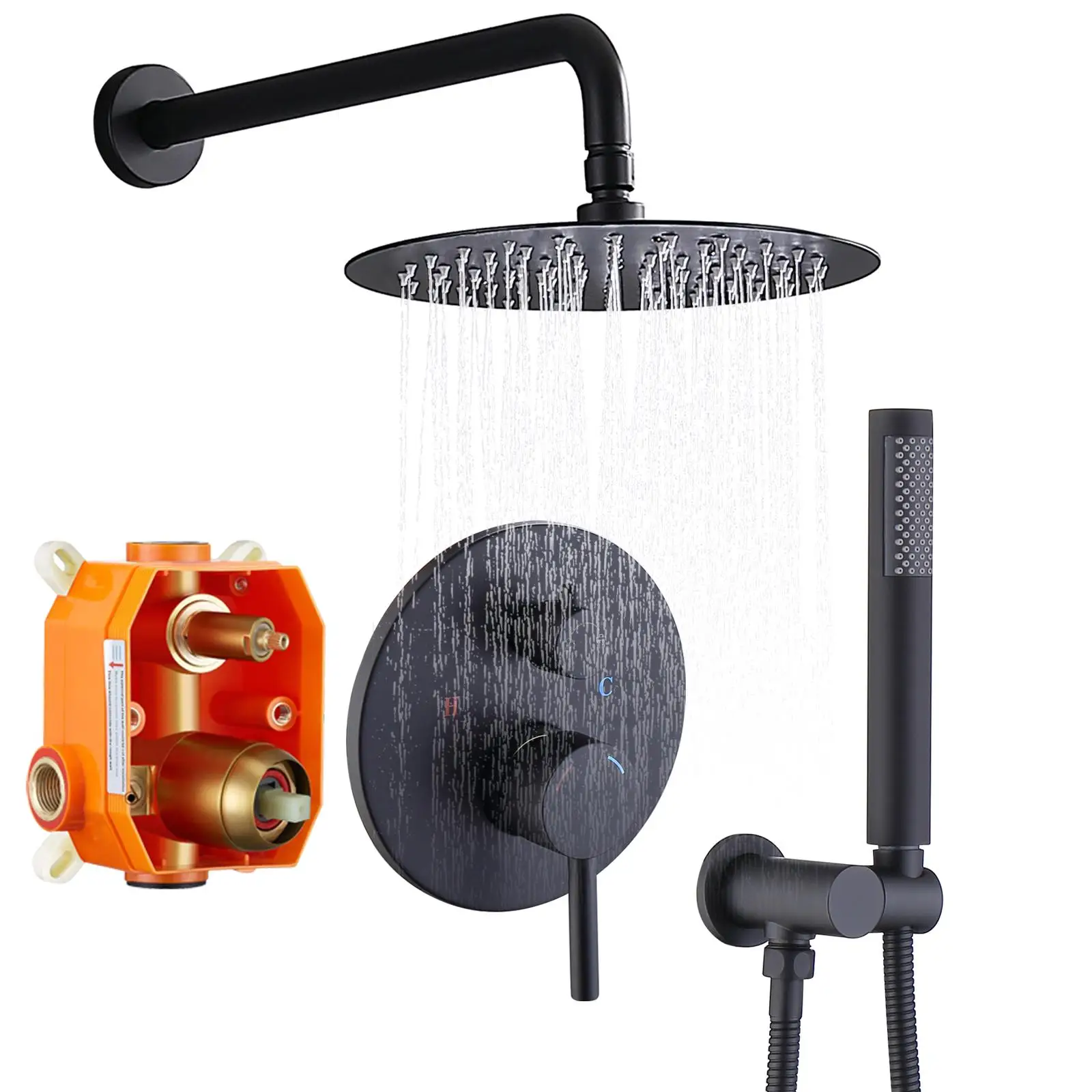 10 Rainfall Shower System Combo Set - Wall-Mounted Shower Faucet with Handheld Shower, Matte Black Finish, Brass