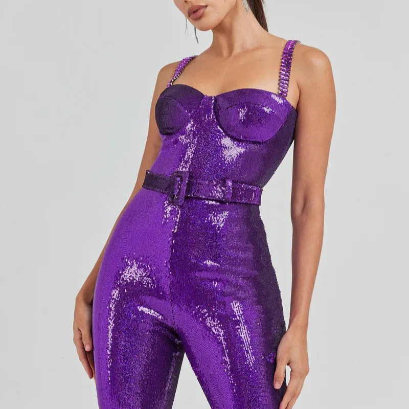 Macacão de lantejoulas sem mangas feminino, bodycon elegante, calça de pernas largas, alça de espaguete, moda casual, roxo, outono