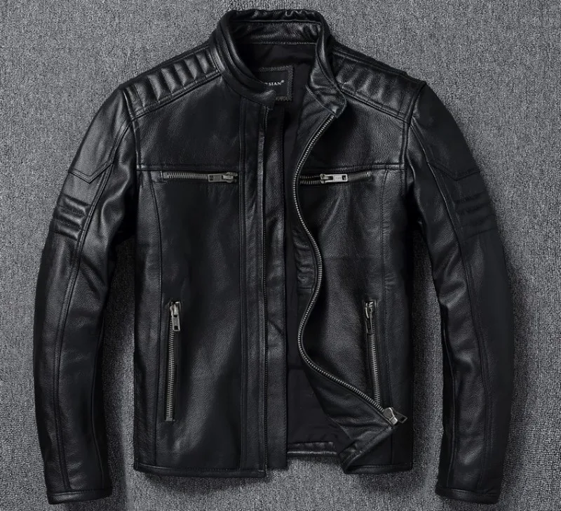

Новая осенне-зимняя мужская байкерская одежда из натуральной яловой кожи с воротником-стойкой, мужские кожаные куртки для вершника