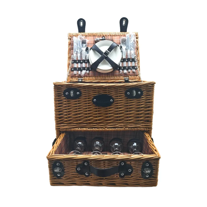Rattan picnic basket Outdoor portable ins wind double-layer picnic basket with tableware Wine storage basket Wholesale