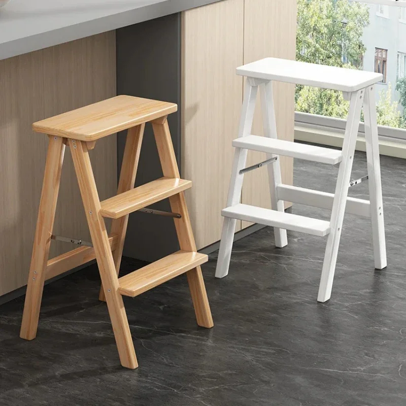 

Bamboo White Step Stool Folding Home Ladder Lightweight 2-Step Design Portable Bar Stool Escalera Plegable for Kitchen