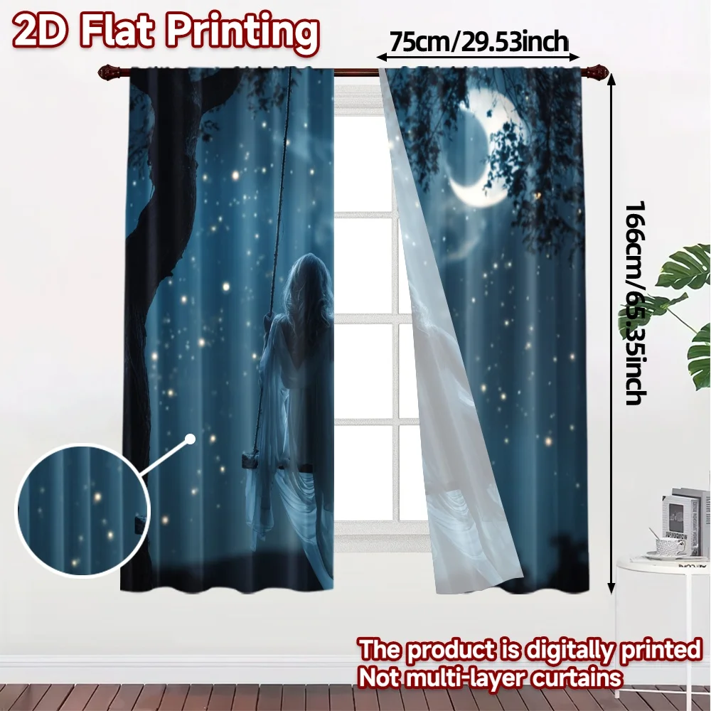 2pcs, 2D FLAT PRINTING Curtains (Without Rod) Moonlit Specter Chic Contemporary Curtains Versatile 100% Polyester Curtains