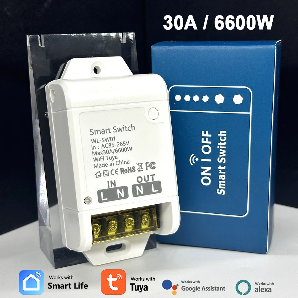 

30A 6600 Вт или 4000 Вт, высокая мощность 220 В, TUYA, Wi-Fi, умный переключатель, реле времени, работающее для Alexa Google Home, приложение, дистанционное управление