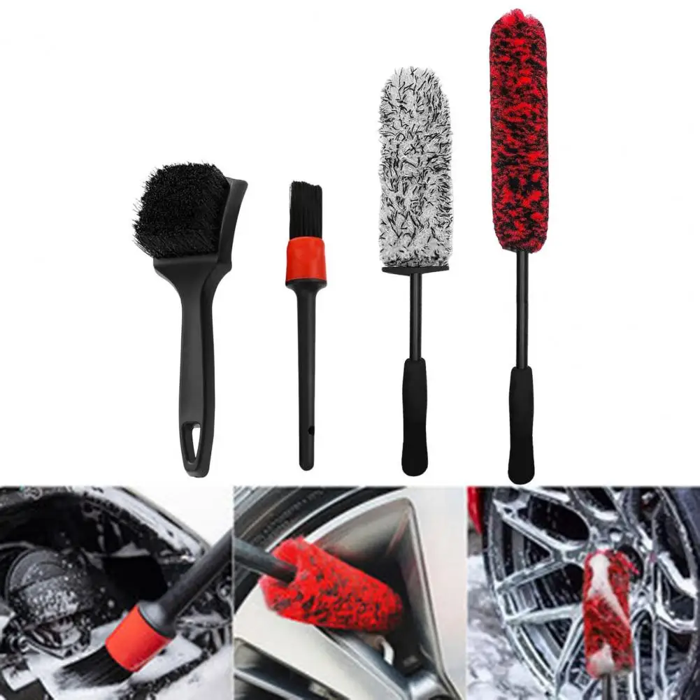 4Pcs/Set Car Wash Kit Wheel And Tire Cleaning Brushes Ergonomic Design Car Detailing Supplies Cleaning Steel Rim Brush Set