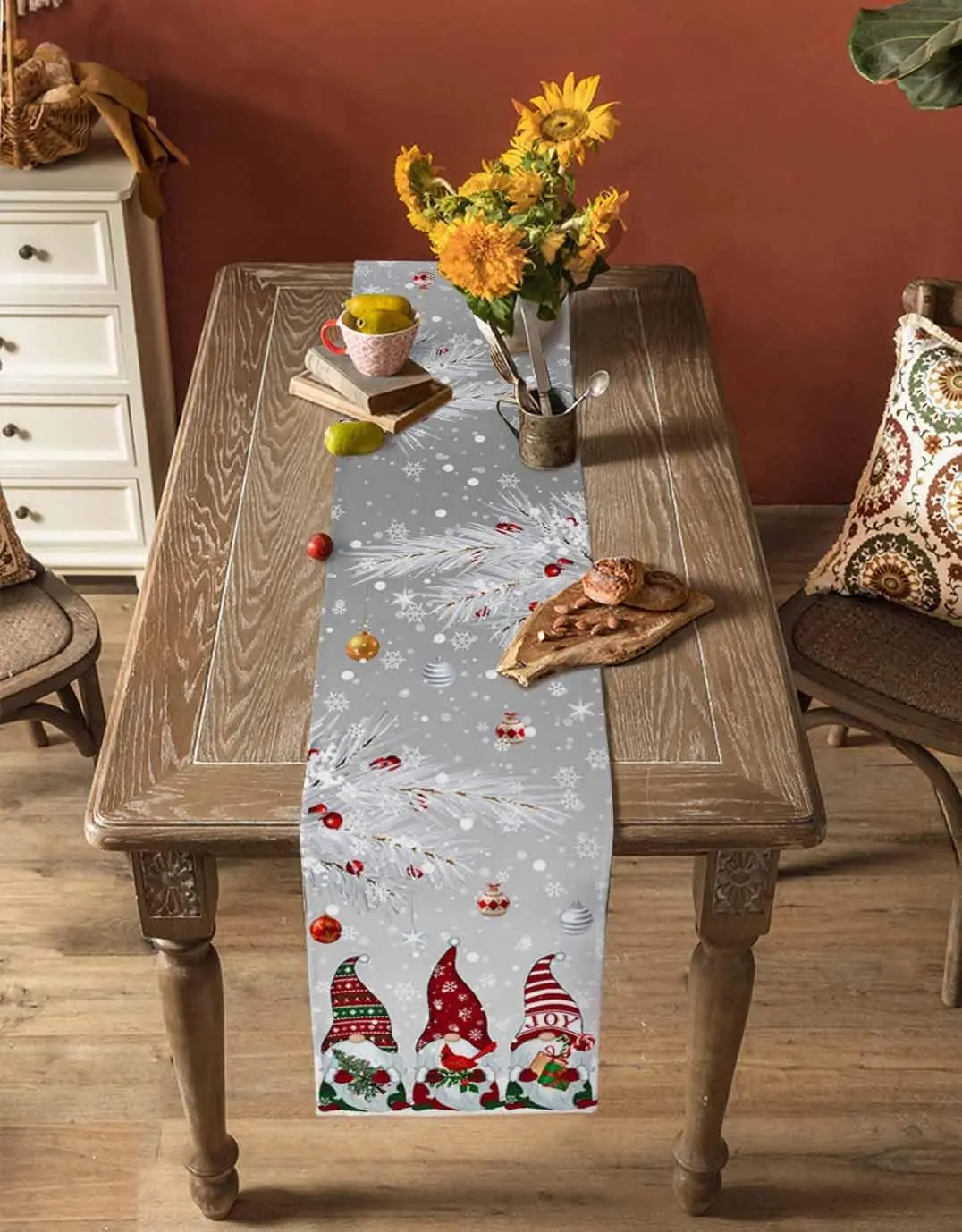 Christmas Pink Gnomes Linen Table Runner Winter Xmas Snowflake Dresser Scarf Kitchen Dining Table Decor Navidad Decorations 2025