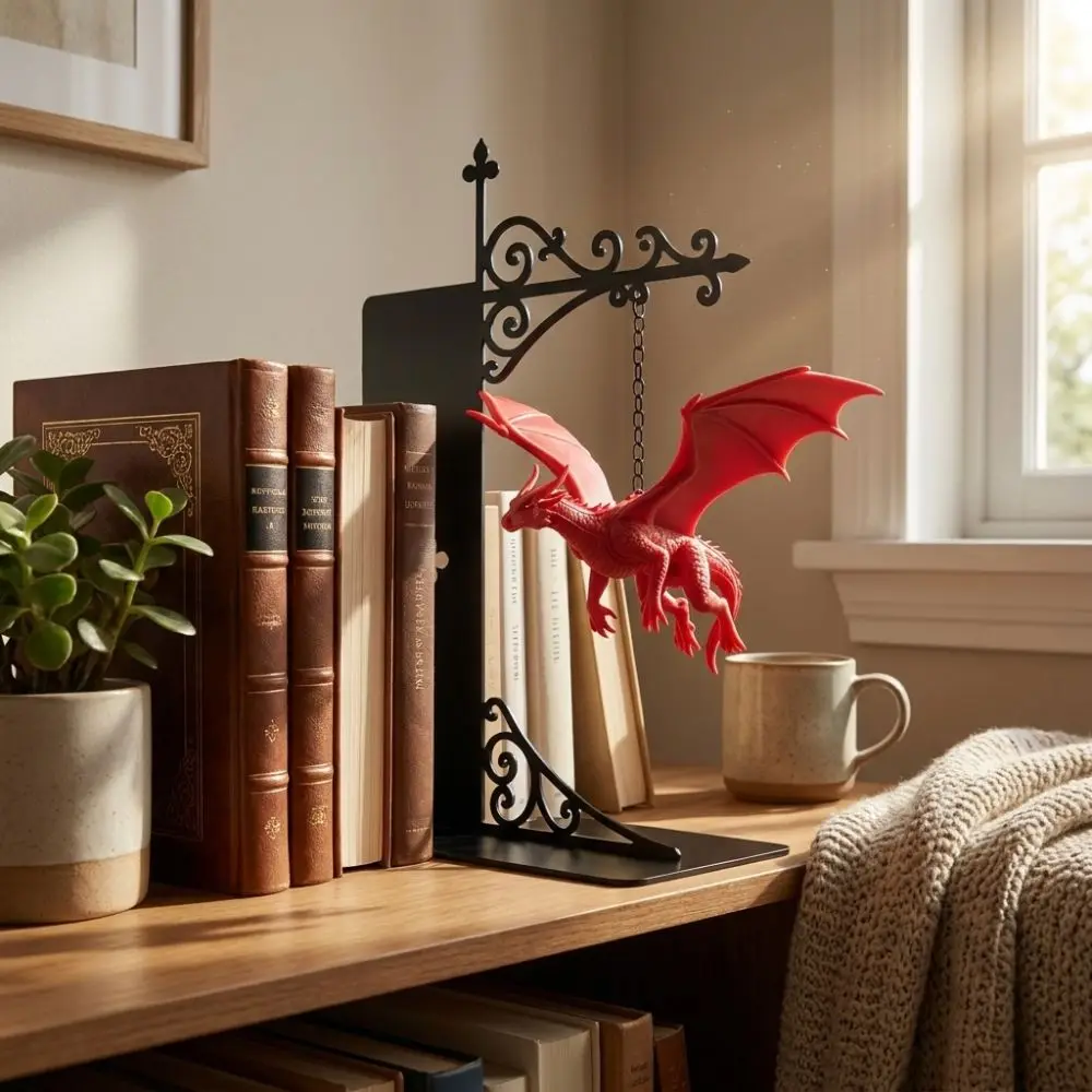 Fantasy Dragon Bookshelf Lamp Warm LED Retro Style Flying Dragon Night Light Iron Stand Gothic Dragon Bookend Light