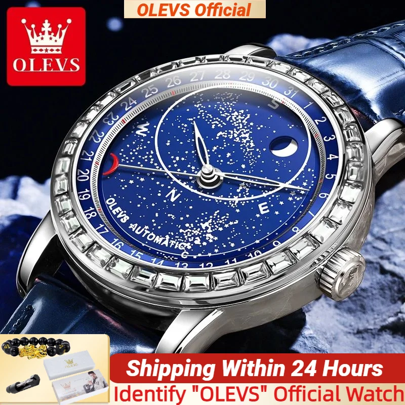 

OLEVS 9923 Модернизированные мужские автоматические механические часы с вращающейся фазой второй Луны, голубое звездное небо, светящиеся водонепроницаемые наручные часы