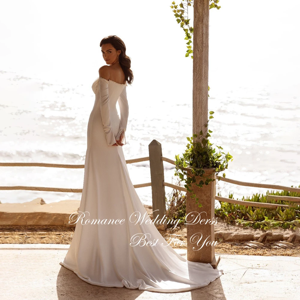 Simple Pleat Boat-Neck Mermaid Wedding Dress Women 2025 Beading Long Sleeves Open Back Bridal Gown Vestidos De Novia Customized