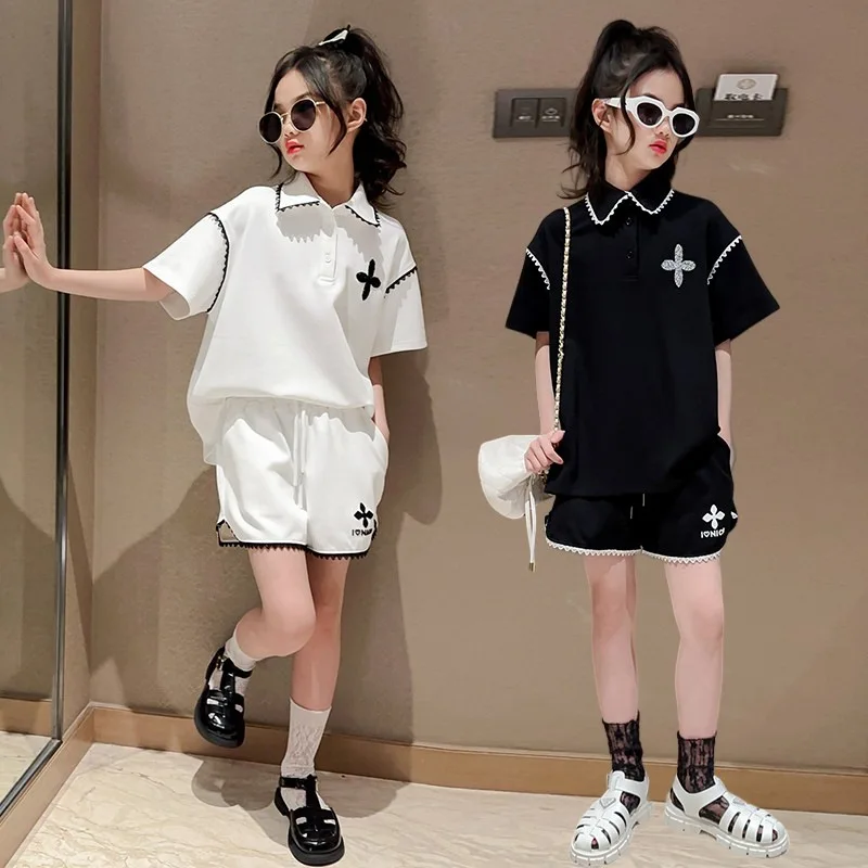 

Children Sets Girls Summer Casual Casual Suit, Fashionable Polo Shirt Top + Shorts Two-piece Set Loungewear Outfit