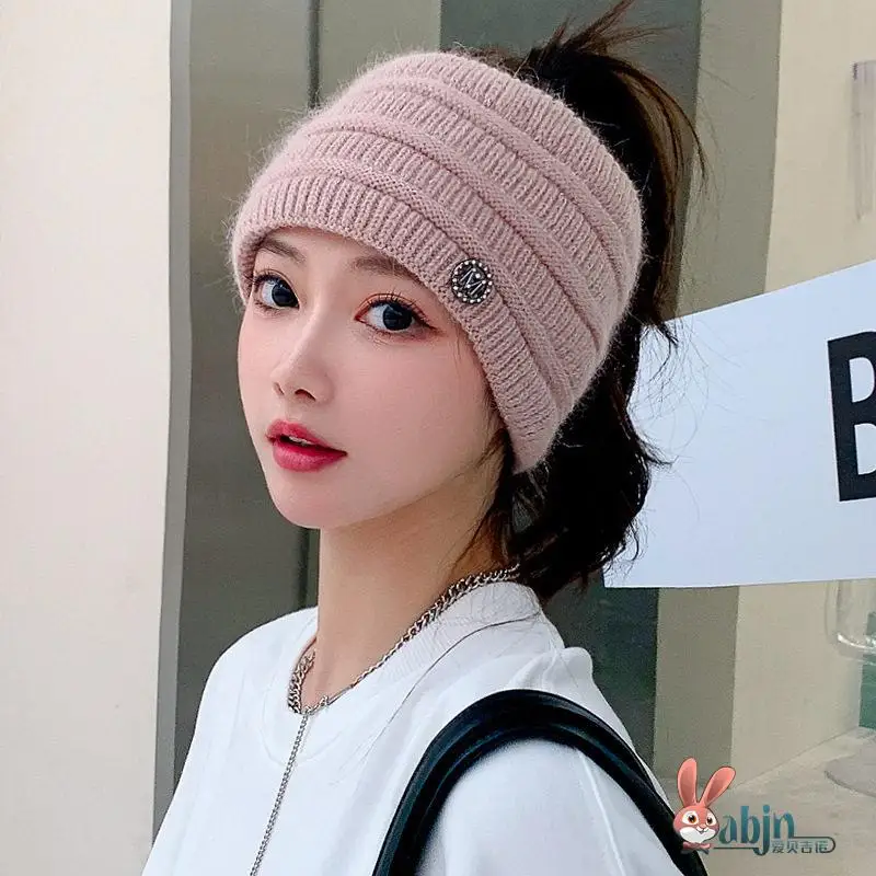 

Knitted Fce Lined Emp Top Cap Women's Headscarf Hat Autumn Winter Casual Sle Knitwear Hair Band Korean Version Leisure