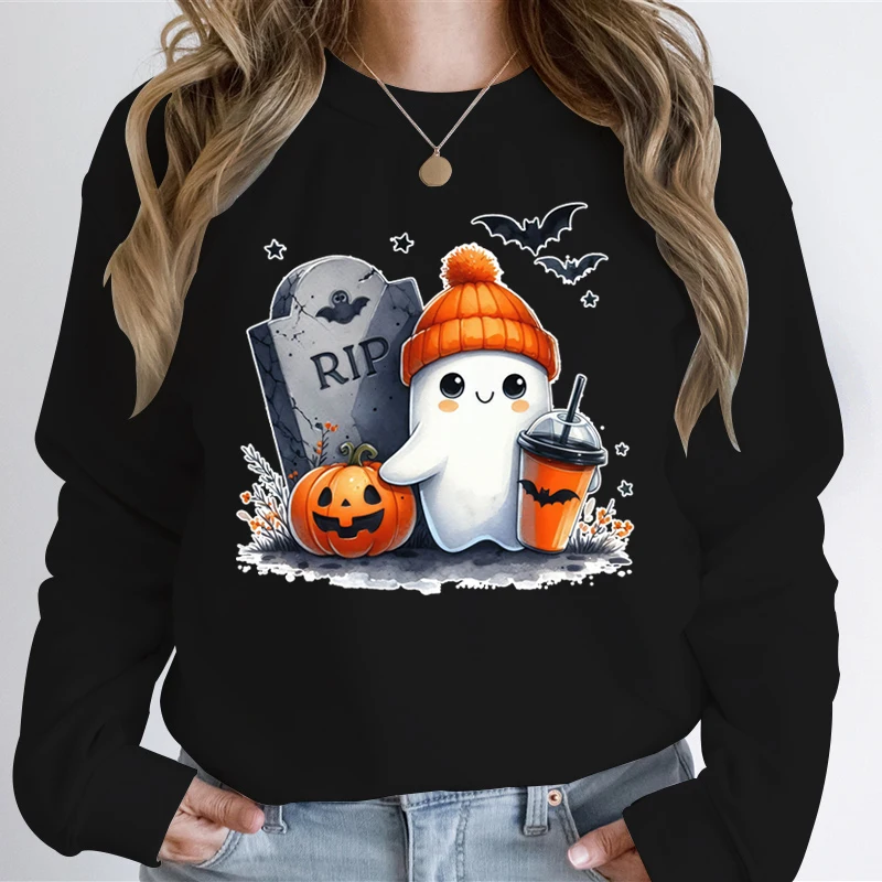 

Tombstone Ghost Horror Halloween Sweatshirt Women Pumpkin Coffee Creative Graphic Hoodies Fashion Long Sleeve Ladies Pullover