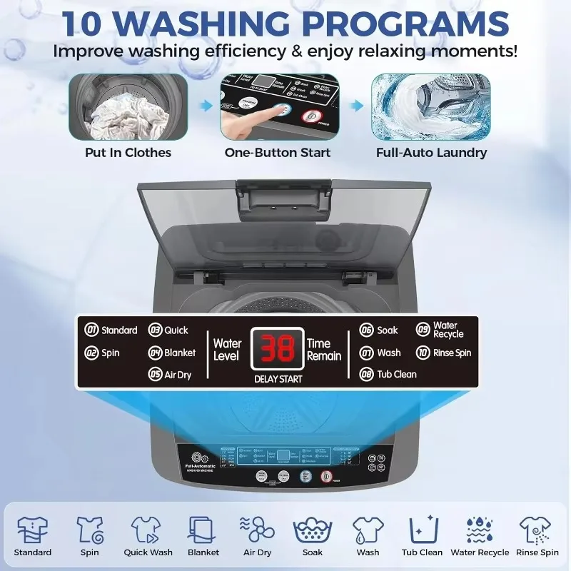 13.5Lbs Capacity Full-Automatic Portable Washer, 1.8Cu.ft Washer and Dryer Combo with Drain Pump, LED Display