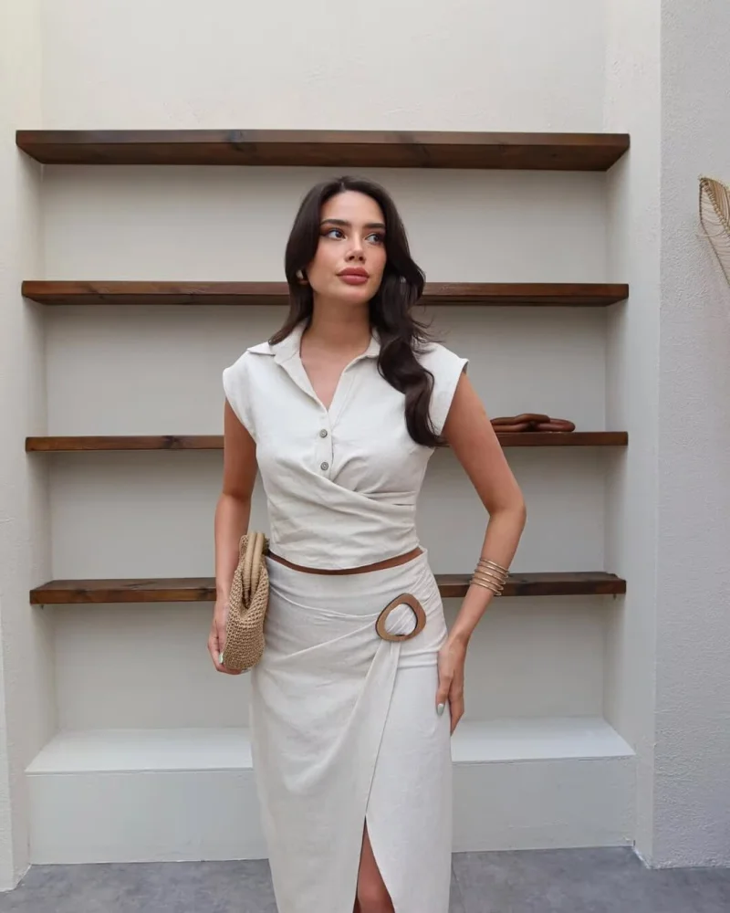 2025 feminino elegante moda casual terno plissado lapela blusa sem mangas e saia midi confortável com botões