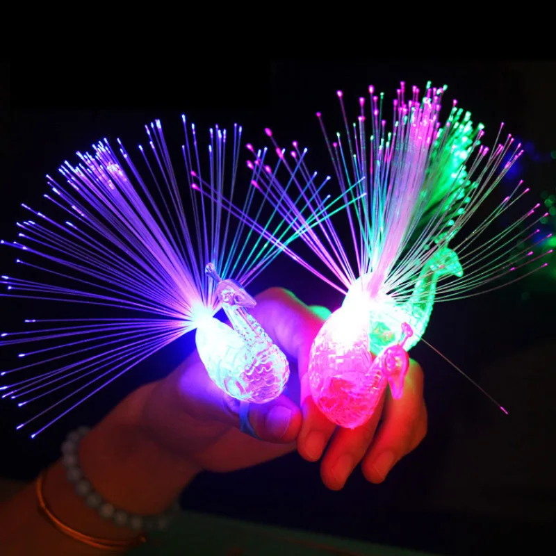 5 Pcs Flashing Finger Peacock Fiber Optic Light Glowing Peacock Open Screen Optic Light Kids Luminous Toys LED Finger Light