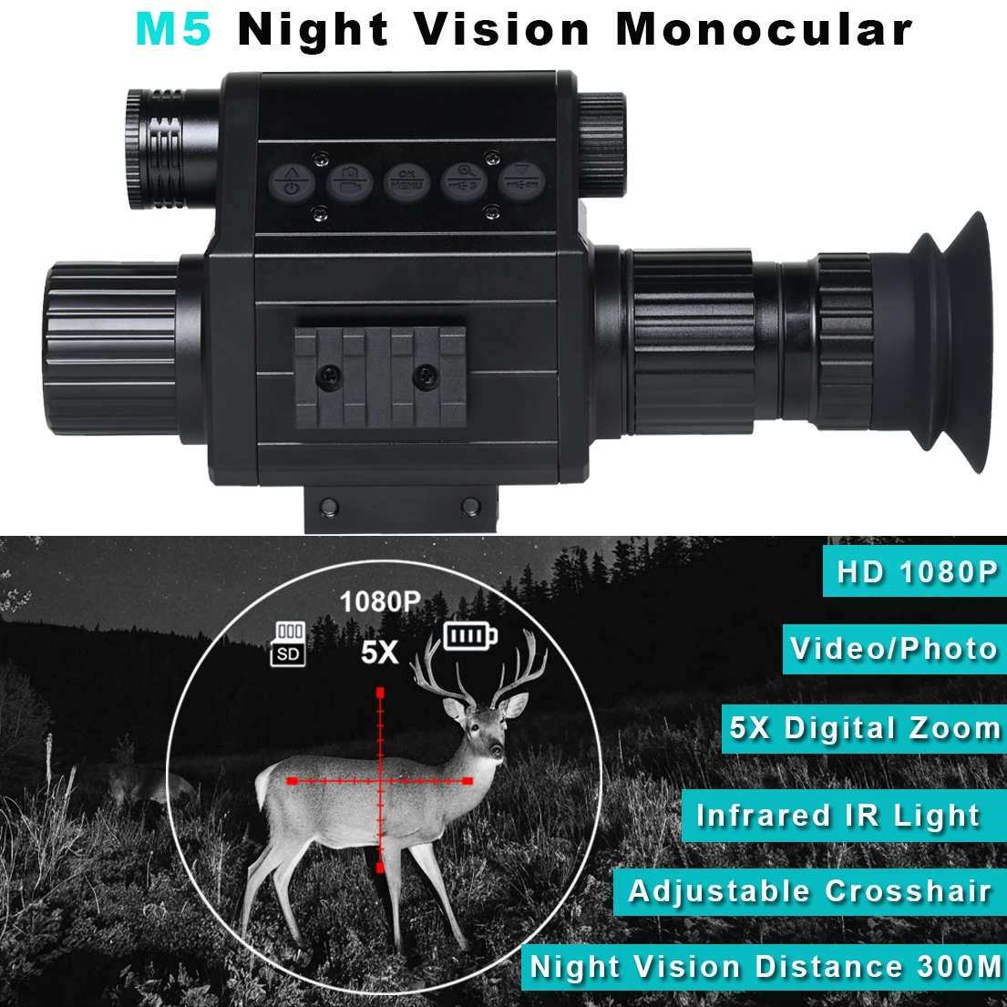 

Digital Night Vision Riflescope 940nm IR Scope Sight Monocular 5X Zoom HD 1080P Video Photo 300m Night Vision for Hunting