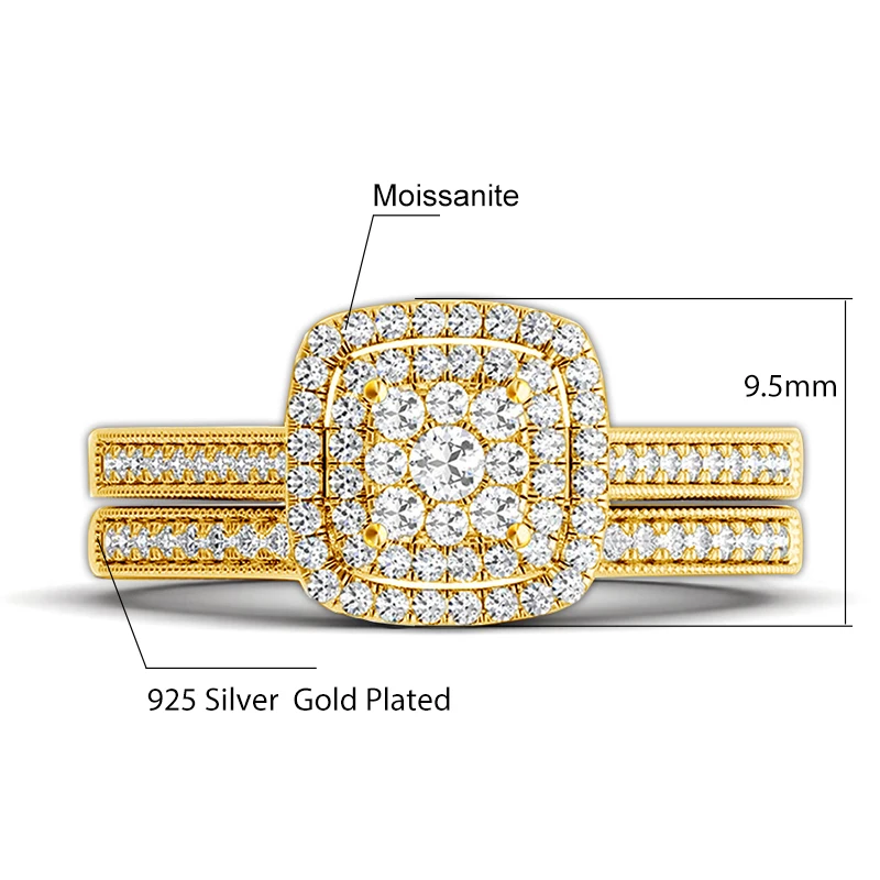 2-teiliges Set aus gelbgoldenen Moissanit-Verlobungsringen für Frauen, 100% echt, besteht den Diamanttester, Hochzeitsring, Schmuck, Geschenk für Liebespaare – Detail 1