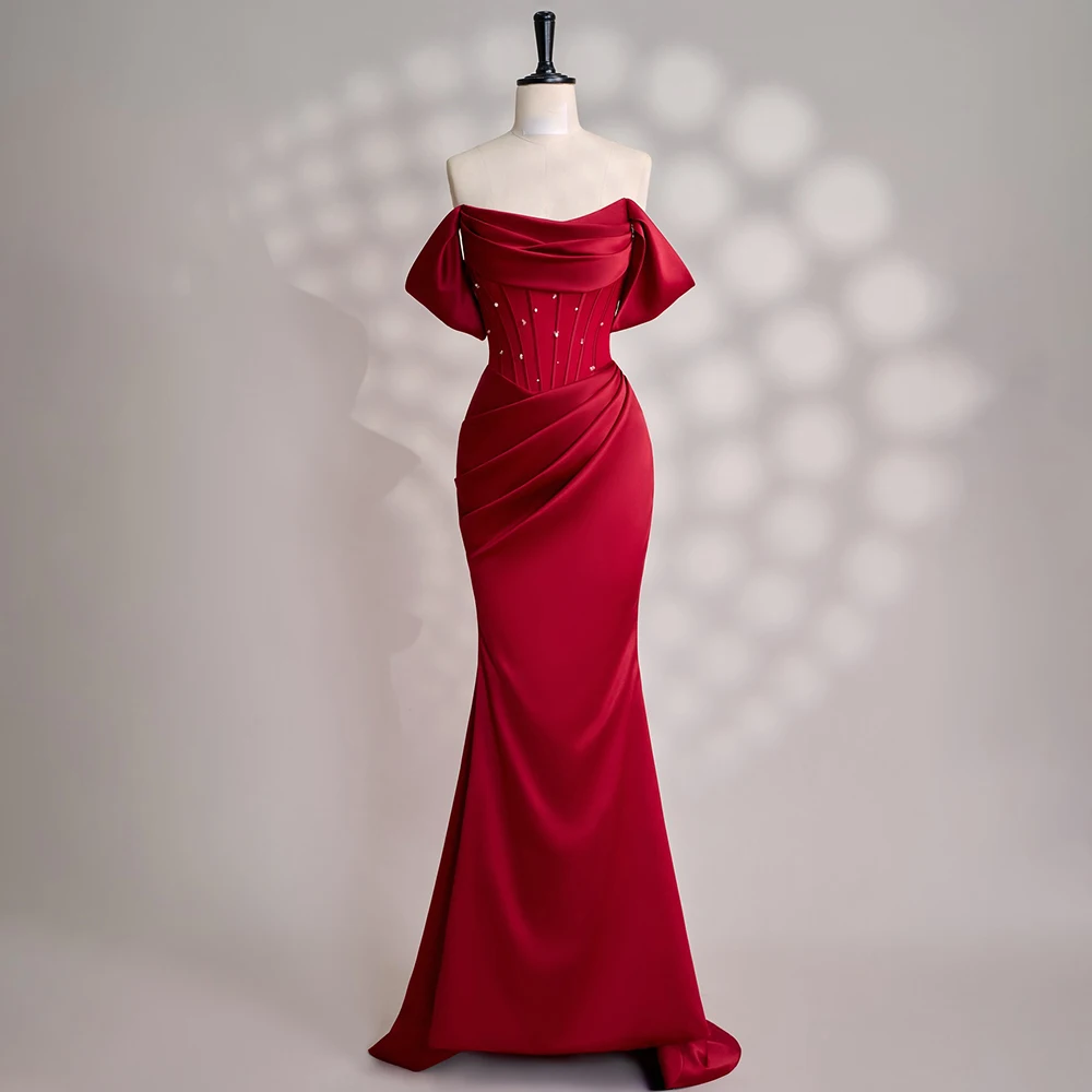 

Custom Made Elegant High Quality Satin Pleated Modern Evening Dress Backless Maxi Length Sheath Prom Party Gown with Pearls