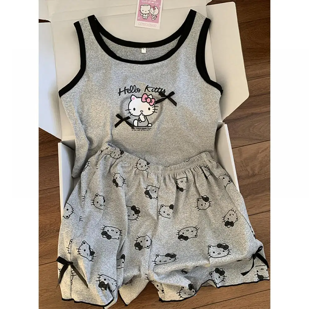 2 Piece Sets Miniso Sanrio Hellokitty Casual Pajamas Suit Sleeveless Pad Tops Shorts Girls Bowknots Grey Sleepwear Women Clothes