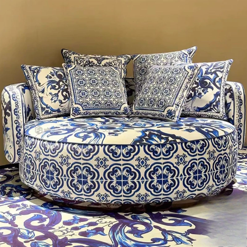 

Italian light luxury art blue and white porcelain fabric combination sofa designer villa living room high-end multi-person sofa