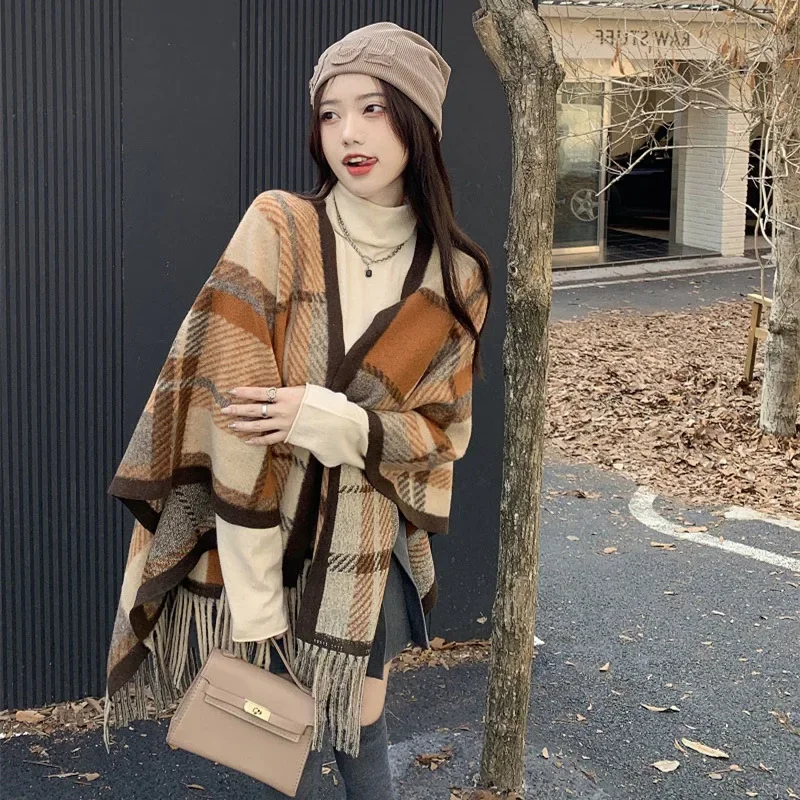 Cardigan Popular Elegant Loose Woolen Multicolor Plaid Tassels Shawl New Cape Poncho for Women Autumn and Winter Plus Size Coat