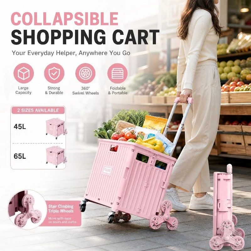 Folding Convenient Supermarket Shopping Hand Cart Trolley Foldable Stair Climber Cart with Wheels for Groceries Outdoor Camping