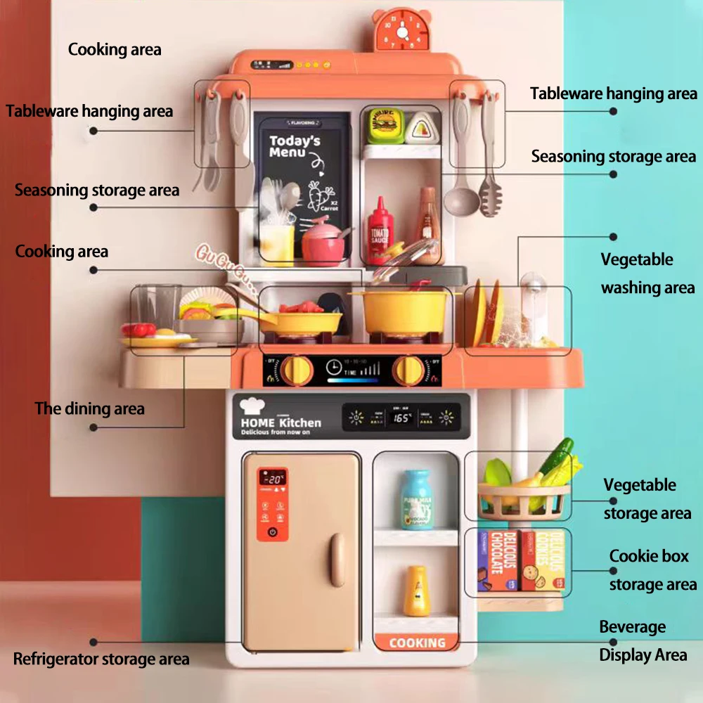 52 pçs spray cozinha cozinhar brinquedo conjunto com mudança de cor alimentos efeitos sonoros realistas fingir jogar brinquedos acessórios de cozinha presente