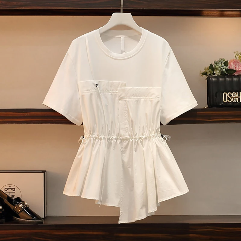 Summer White Short Sleeve Asymmetrical T-Shirt Women Office Lady Loose Blouses 2024 Kroean Solid Elegant Bodycon Casual Shirts