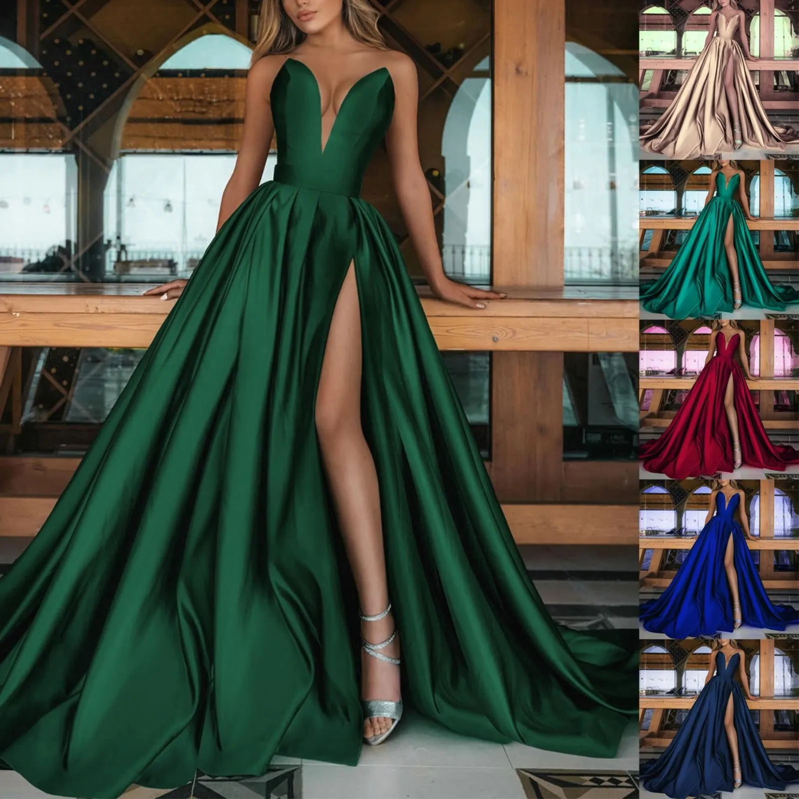 Women's Deep V Neck Satin Prom Dresses A Line Wrap Split Elegant Party Dresses Woman Slim Fit Long Evening Gown Formal Dresses