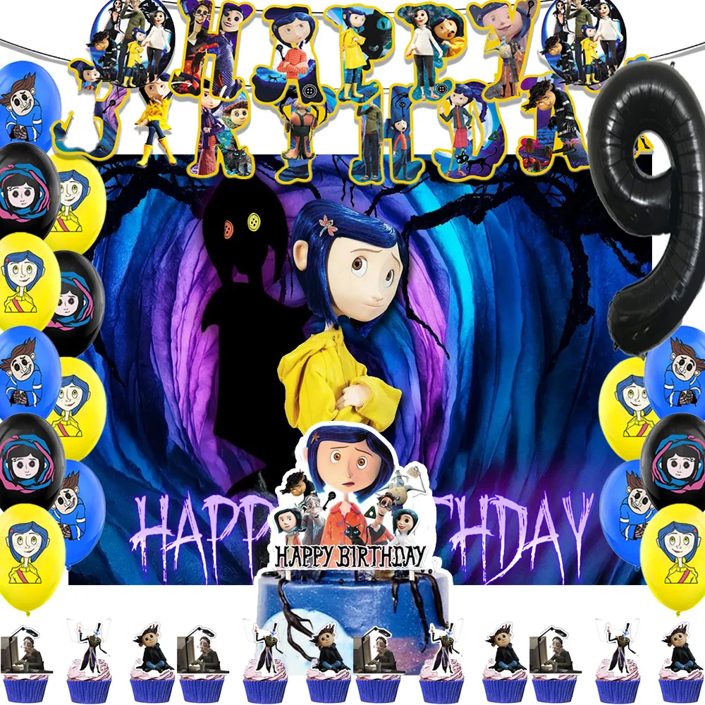 

Disney Coralines Birthday Party Supplies Decor Halloween Anime Movie Balloons Coraline Backdrops Cake Topper Banner Kids Gifts