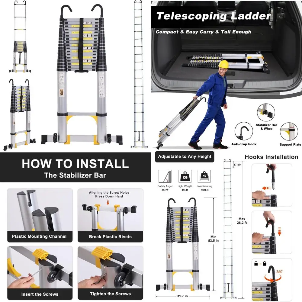 บันไดอลูมิเนียมพับได้พร้อมคานกันโคลง ล้อ ตะขอ และดีไซน์แบบยืดหดได้อเนกประสงค์