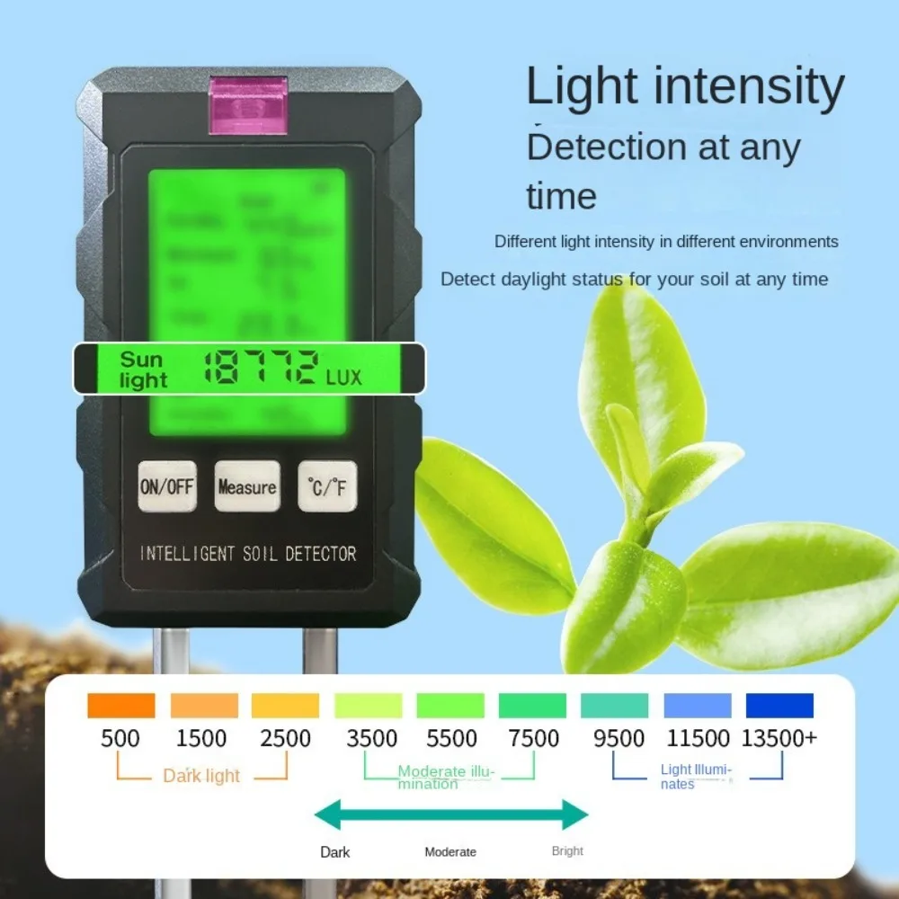 เครื่องทดสอบดิน 6-in-1 ใหม่ 90 °   เครื่องวัดความชื้นพืชโพรบโลหะหมุนหน้าจอ LCD เครื่องวัดค่า PH ดินสําหรับพืชกระถางในร่ม