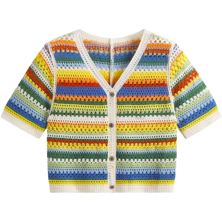 Rainbow Crochet Top Short Sleeve Multicolor Stried Blouse Cardigan Openwork Crop Knit Top for Women Teengirl Summer Outfit