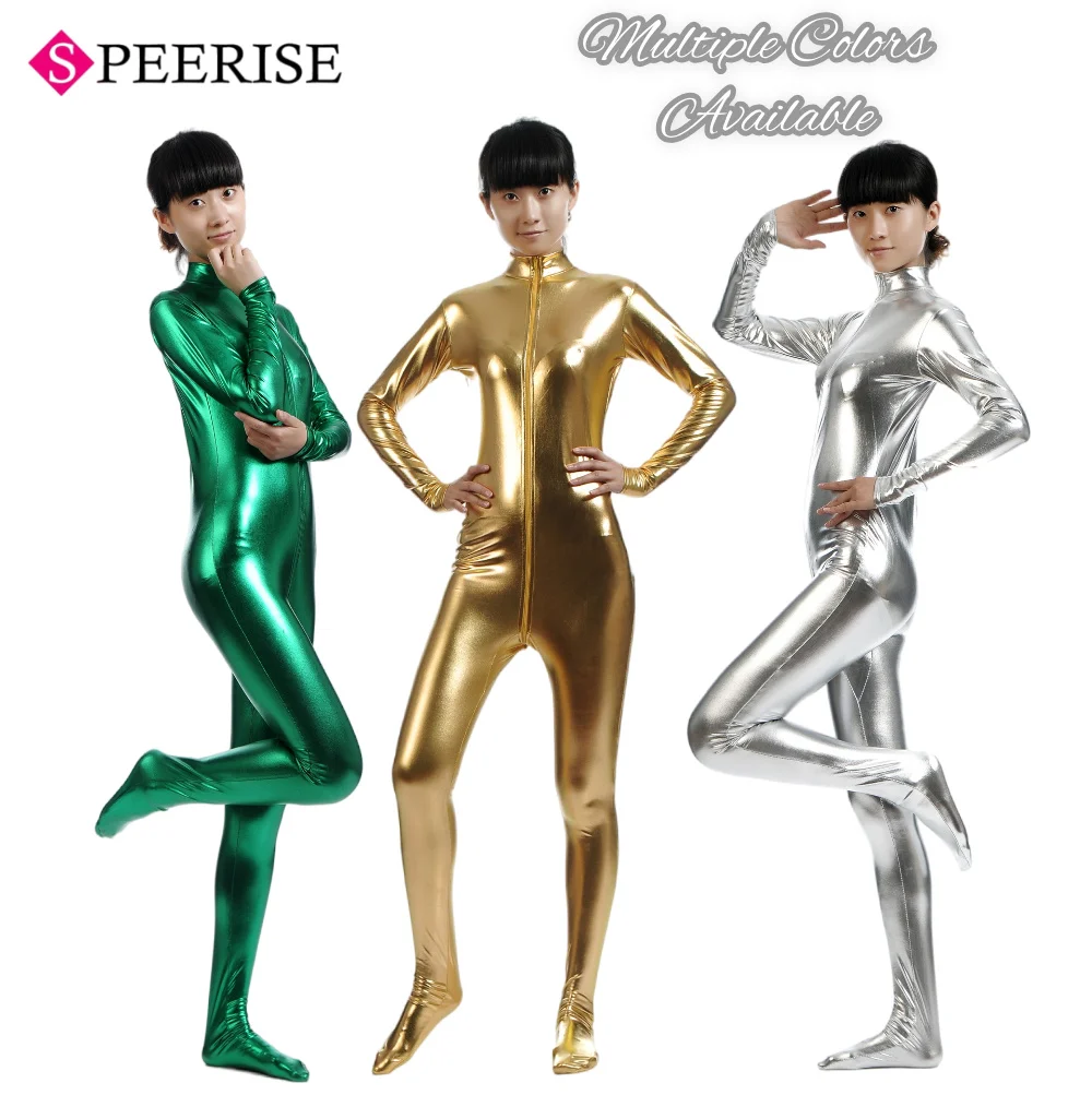 

Woman's Shiny Metallic Bodysuit Zentai One Piece Spandex Body Suit Adult Halloween Cosplay Costume Tight Fitting Overalls