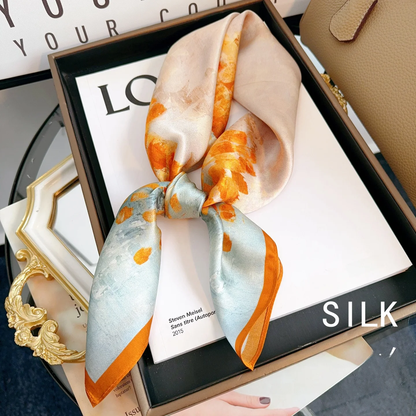 本物のシルクスカーフ女性の装飾植物花柄-68-センチメートル正方形中国風ファッショナブルな春夏秋冬スカーフ