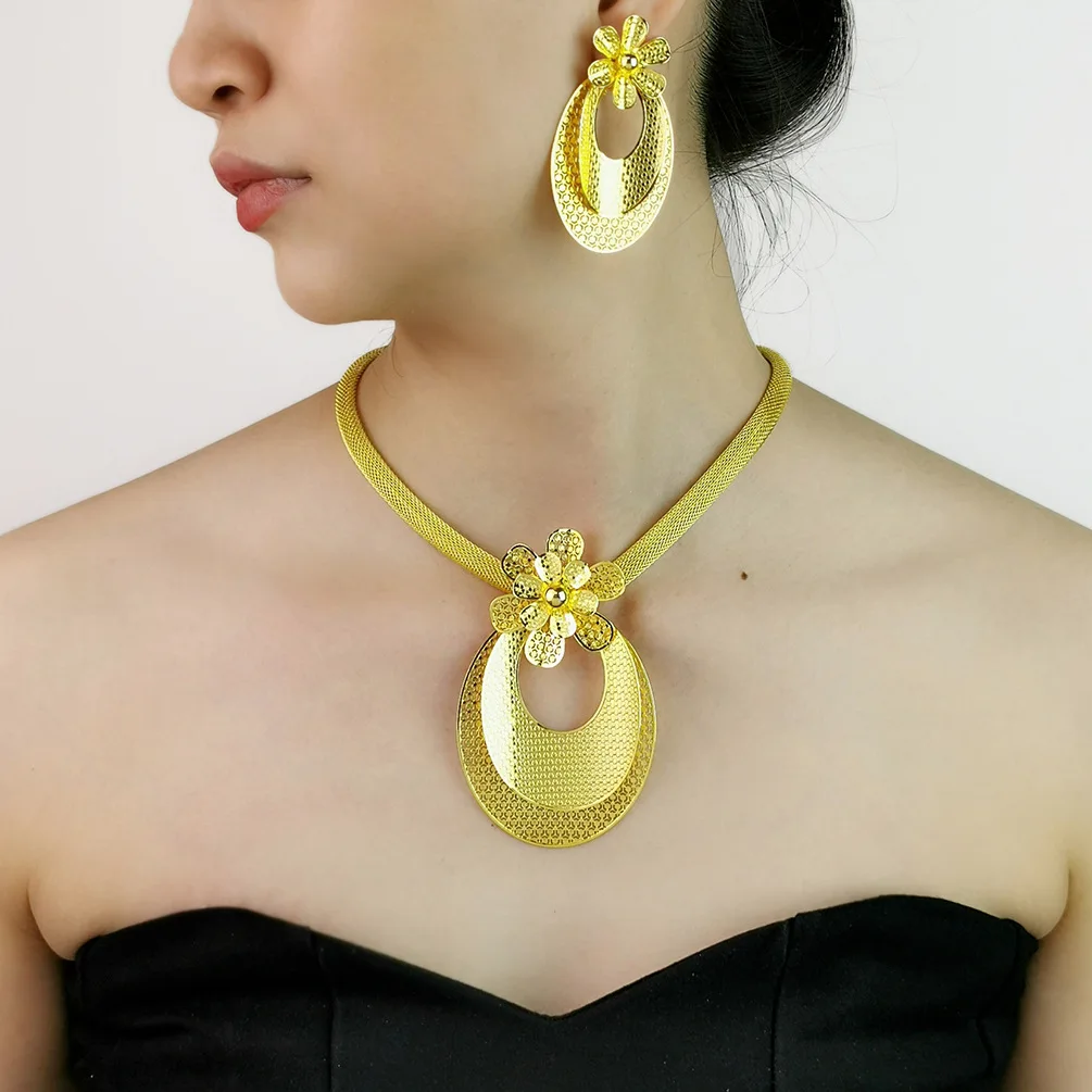 ESALE 24K Gold Plated Fashion Dubai Large Size Earrings/Pendant Jewelry Set African Bride Wedding Party Gift