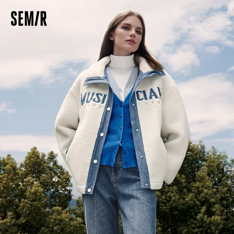 

Semir Cotton-Padded Coat Women Winter Texture Imitation Lamb Wool Splicing Loose Niche Denim Letter Dropped Shoulder Jacket