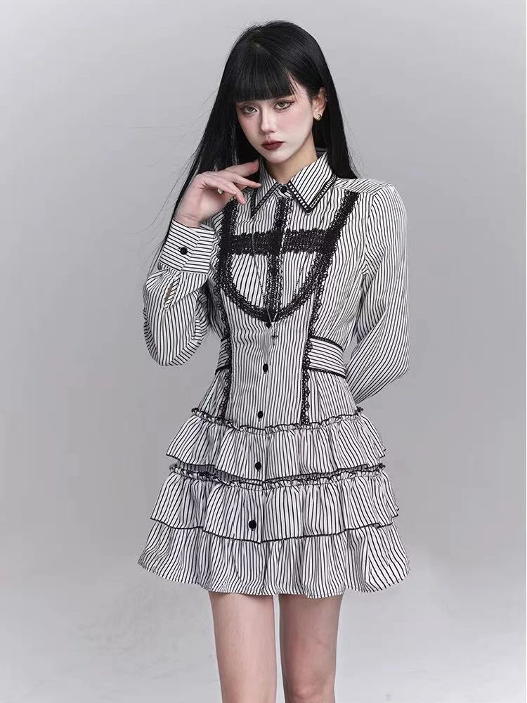 

Полосатое платье для женщин, осеннее милое кружевное лоскутное мини-платье в стиле Лолиты Y2K, японская уличная одежда, готические однобортные платья