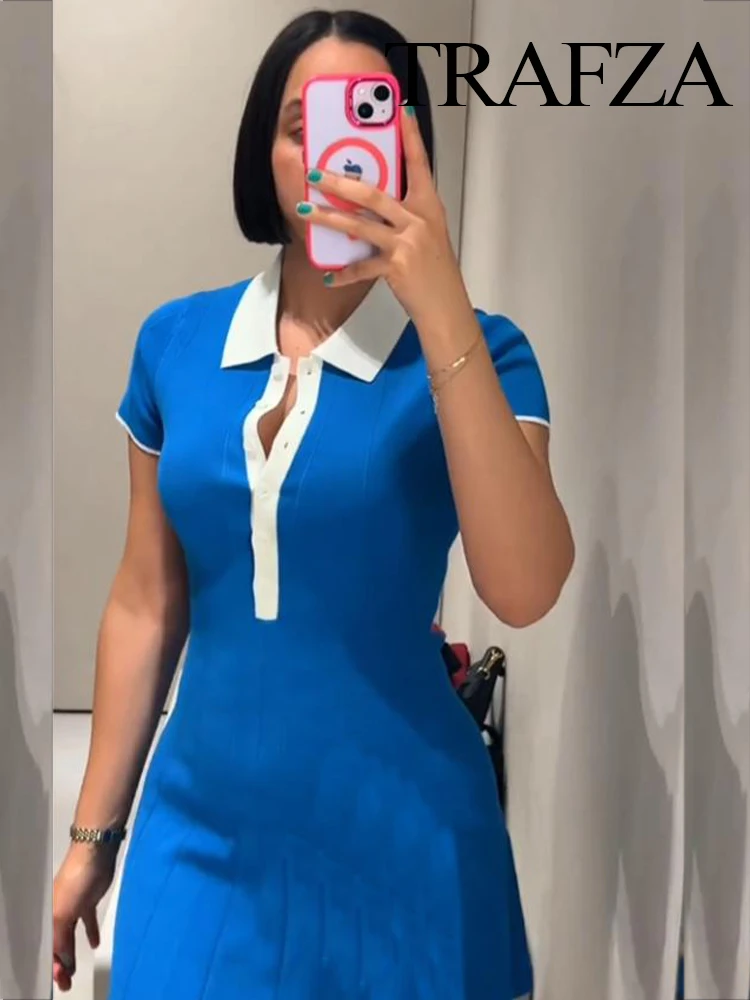 

TRAFZA Women Summer Knitted Shirt-Style Lapel Short Sleeve Dress Female Simple Button Decoration Sexy Slim Wrinkled Mini Dress