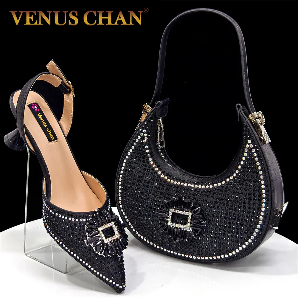 Venus Chan Elegant Nigerian Women’s Italian Design Black Heels and Handbag Set With Rhinestone Accents for Wedding and Party