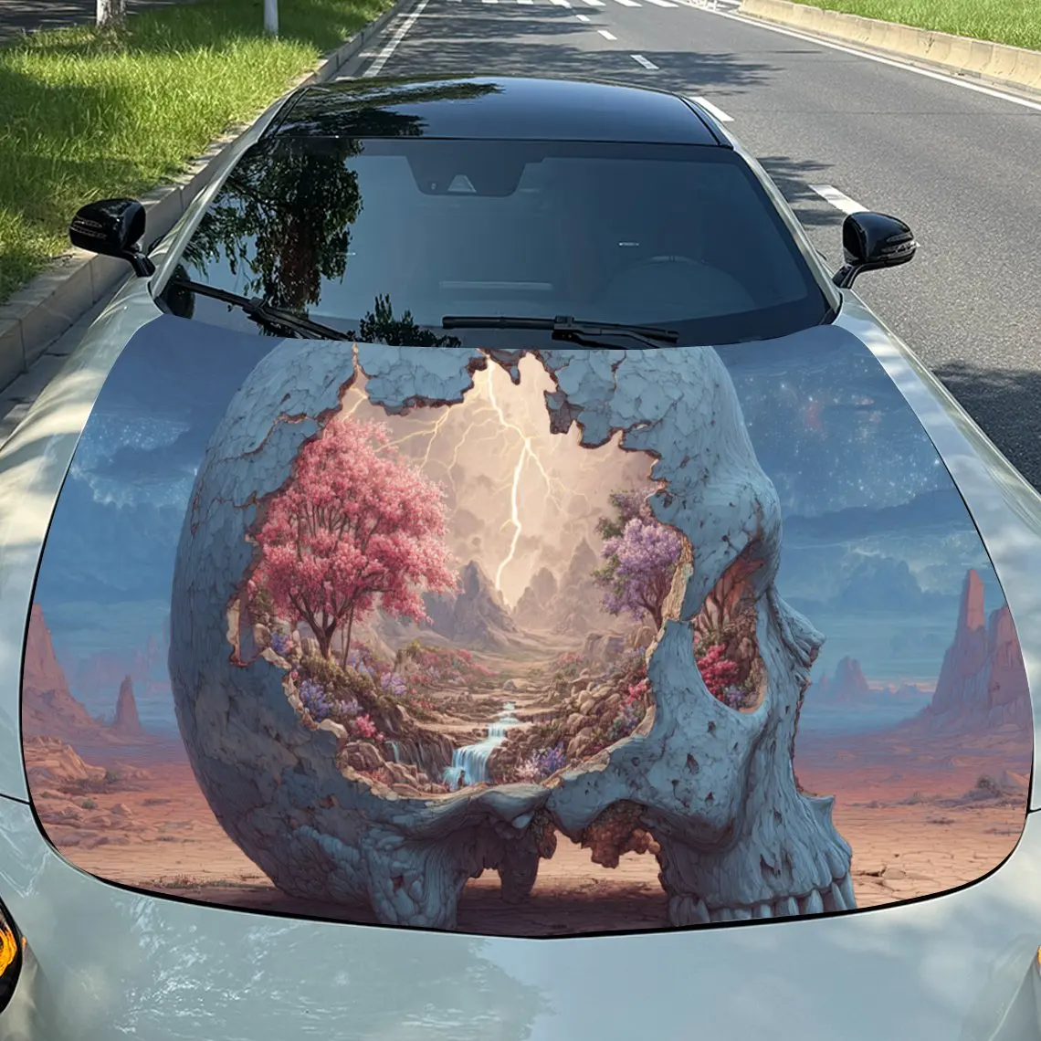 

Fantasy Skull & Landscape Car Hood Stickers - Self-Adhesive, Waterproof and Durable Vinyl Wrap, Decorate And Protect Your Car, F