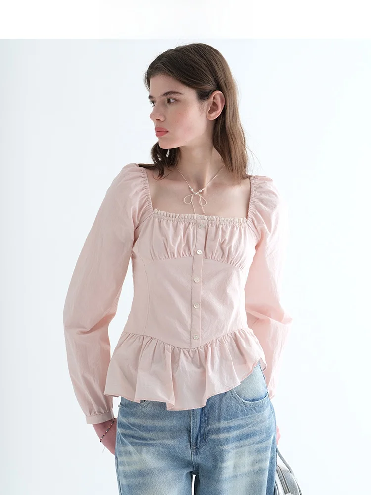 

Sweet Lace Bubble Sve irt Women's Spring Gathered Waist Square Collar Asymmetrical Hem Cotton Long Sve French Sle