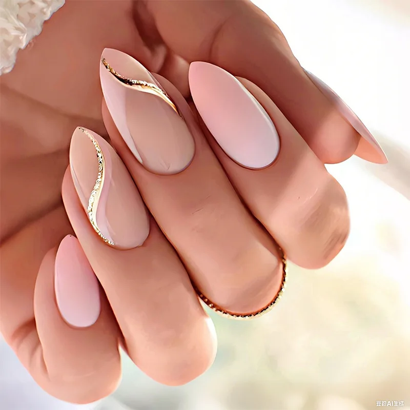 24 pièces mi-long amande couverture complète ongles conseils avec noir français brillant poudre ligne conception faux ongles réutilisable presse sur faux ongles