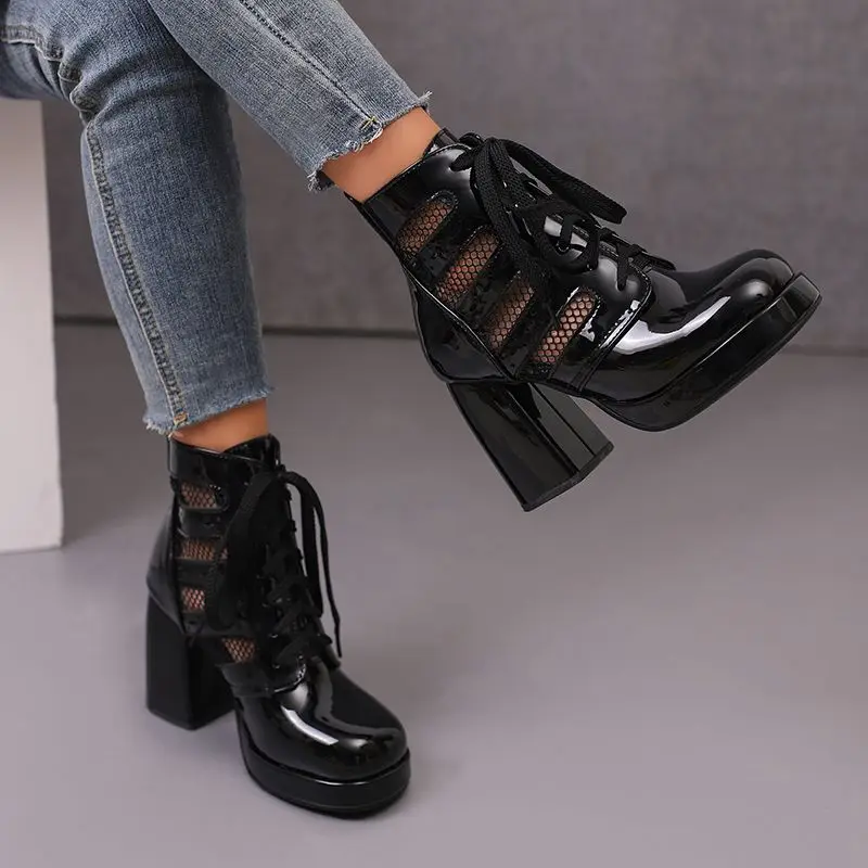 REAVE CAT Fashion Women Ankel Boots Toe Block Heels Platform Lace Up Size 42 43 Leisure Daily stivaletti estivi femminili