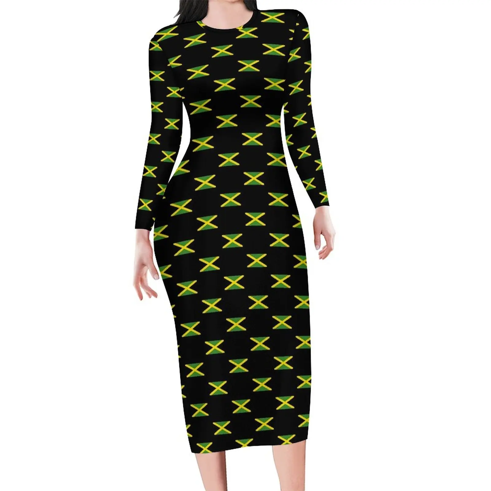 Jamaican Flag Dress Womens Jamaica Fashion Fashion Bodycon Dress Autumn Long Sleeve Vintage Dresses Pattern Oversized Clothing