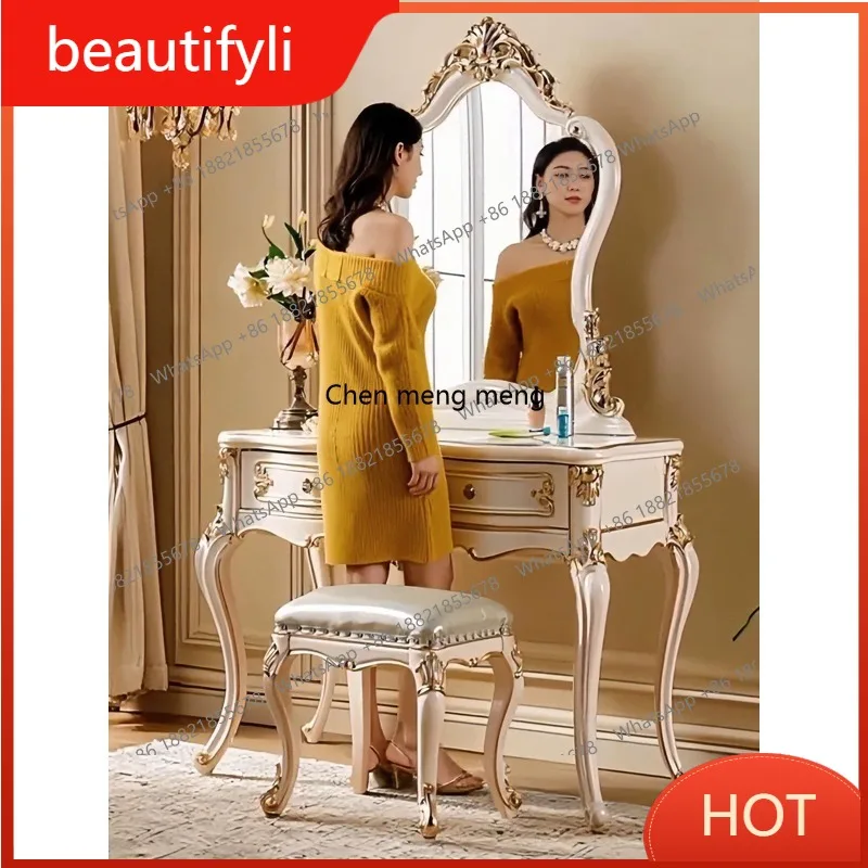 

A139 European dressing table Full solid wood bedroom Luxury French engraved pearl white gold makeup table