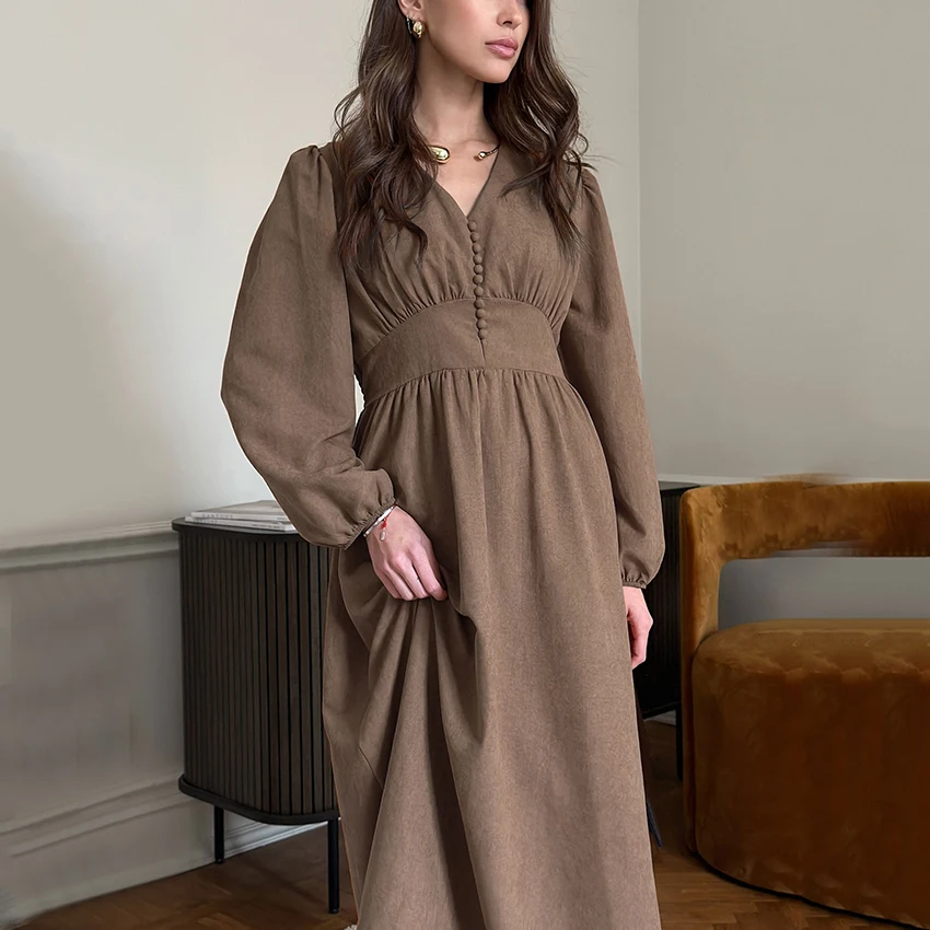 فستان Linad أنيق بني بصدر واحد فستان عتيق بخصر عالٍ طويل على شكل حرف A فستان بأكمام واسعة للشارع للنساء 2025