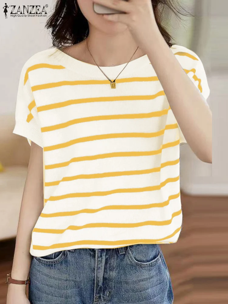 ZANZEA Women Stripes Short Sleeve Blouse Summer Boat Neck Shirt Fashion Casual Loose Office Tops Blusas 2024 Female Korean Tunic