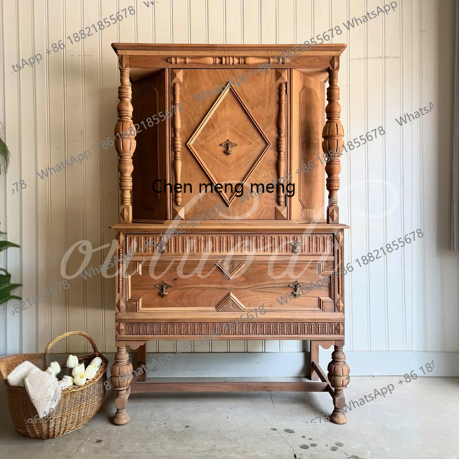 

American medieval solid wood dining side cabinet, living room carved locker, French rural small apartment storage cabinet
