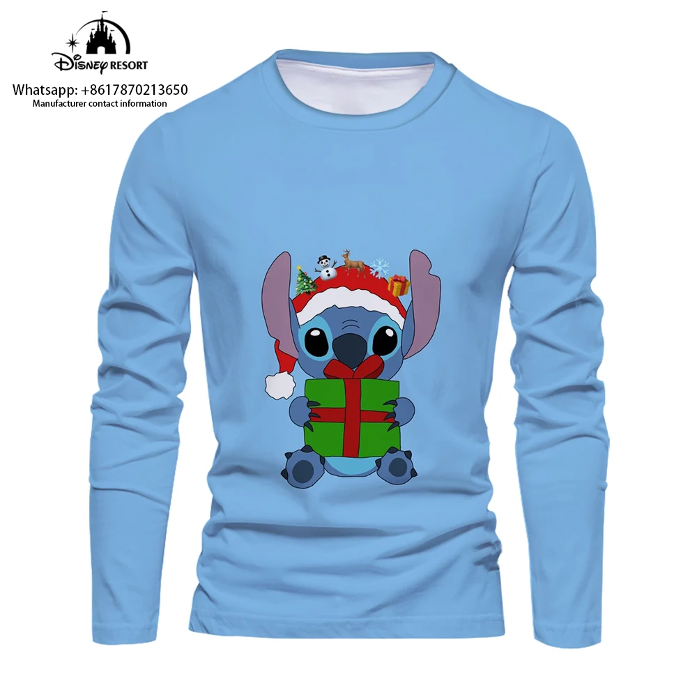 Cartoon 3D comfortable men's long-sleeved T-shirt 2024 new fashion casual men's bottoming shirt cute Stitch T-shirt