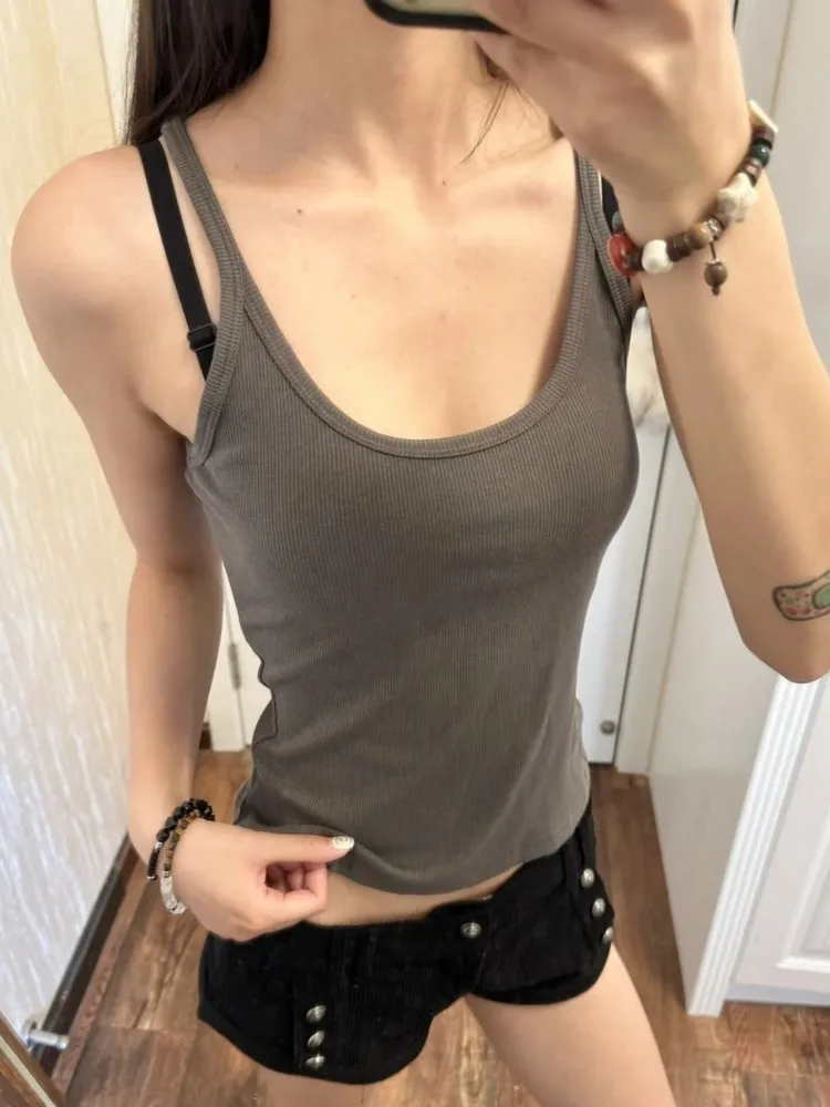 

Vintage Solid Ribbed U-neck Tank Tops Women Summer New Streetwear Basic Sleeveless Vests Sweet All-matchCasual Slim Camisole
